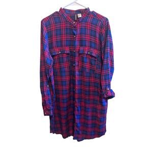 Divided by H&M Red Blue Plaid Button Up Shirt Dress Sz. 12